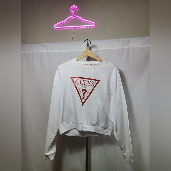 Guess Sweaters - White guess red sparkle crop sweater- Small